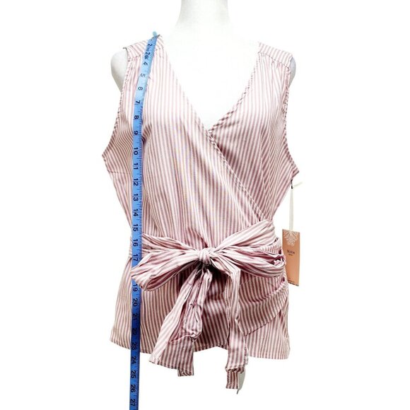 Striped V-Neck Wrap Sleeveless Blouse Tie Waist By Blåshe Size Large Pink - Picture 5 of 11